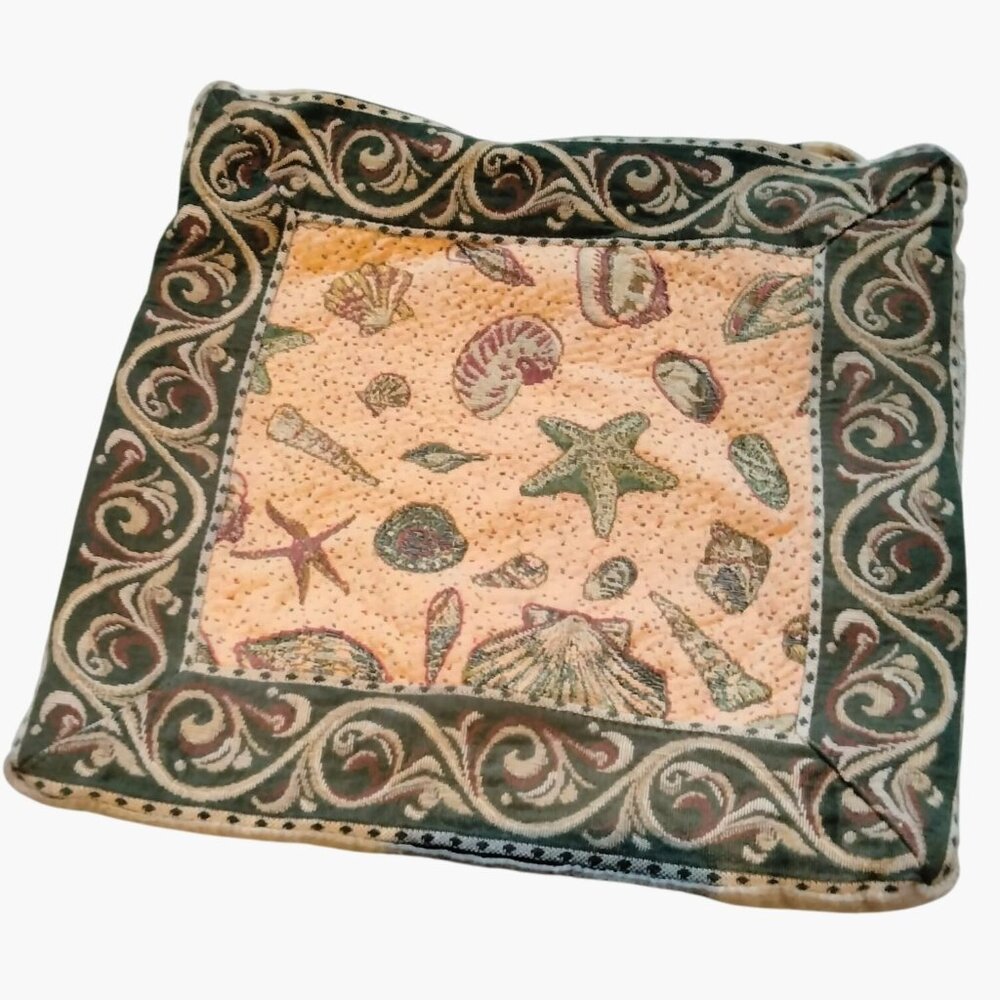 Seashell Tapestry Pillow Cover 13x13 Inches Beige Green Coastal Tropical Beachy